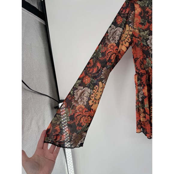 Babydoll Mesh Sheer Floral Paisley Boho V Neck Top XL tie front Asian print Y2K - Picture 5 of 7